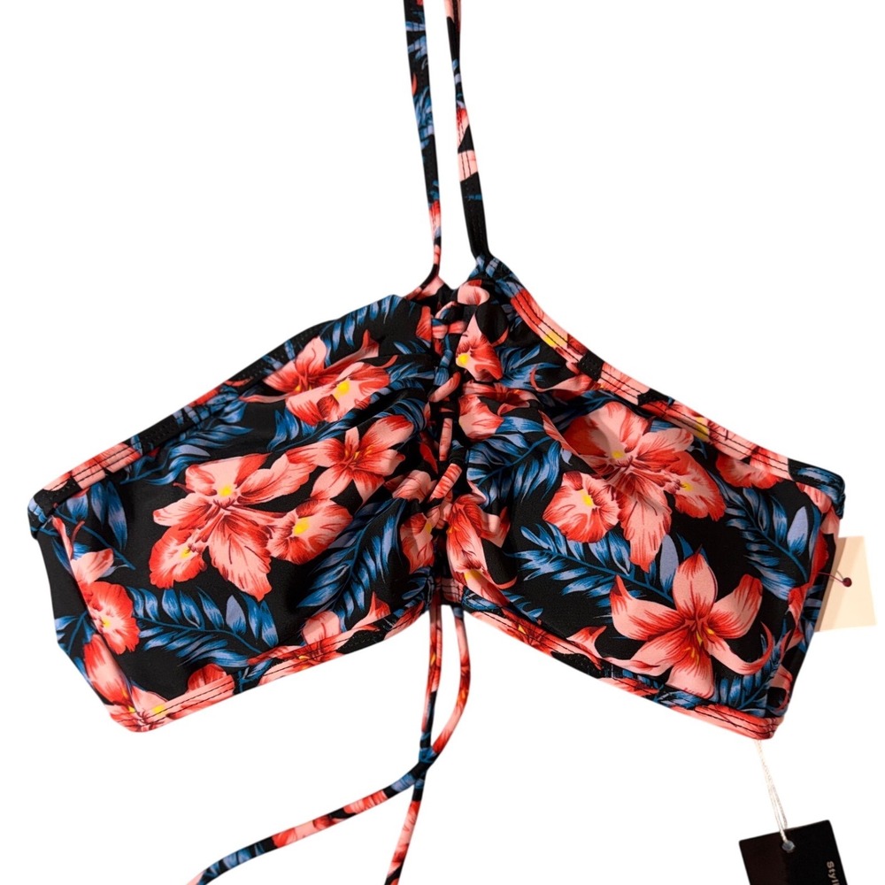 Stylish Swimwear‎ Bikini Top Women Large Black Floral Tropical Halter Ruched NEW